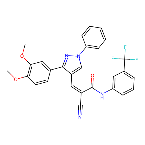 (Z)-2-Cyano-3-[3-(3,4-dimethoxyphenyl)-1-phenylpyrazol-4-yl]-N-[3-(trifluoromethyl)phenyl]prop-2-enamide structure