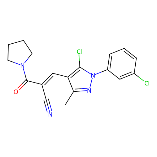 (E)-3-[5-chloro-1-(3-chlorophenyl)-3-methylpyrazol-4-yl]-2-(pyrrolidine-1-carbonyl)prop-2-enenitrile structure