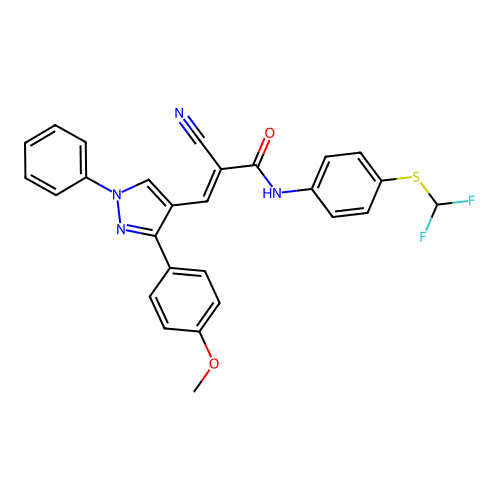 (E)-2-cyano-N-[4-(difluoromethylsulfanyl)phenyl]-3-[3-(4-methoxyphenyl)-1-phenylpyrazol-4-yl]prop-2-enamide structure