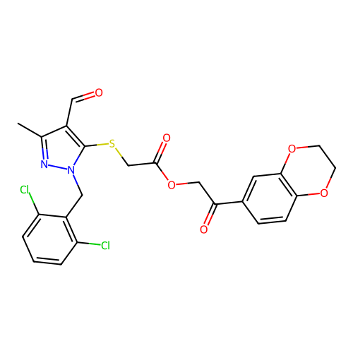 [2-(2,3-dihydro-1,4-benzodioxin-6-yl)-2-oxoethyl] 2-[2-[(2,6-dichlorophenyl)methyl]-4-formyl-5-methylpyrazol-3-yl]sulfanylacetate structure