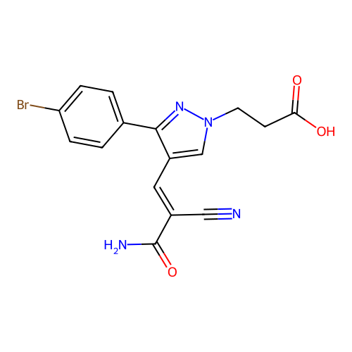 3-[3-(4-bromophenyl)-4-(2-carbamoyl-2-cyanoeth-1-en-1-yl)-1H-pyrazol-1-yl]propanoic acid structure
