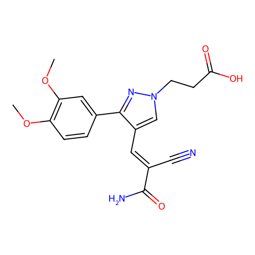 3-[4-(2-carbamoyl-2-cyanoeth-1-en-1-yl)-3-(3,4-dimethoxyphenyl)-1H-pyrazol-1-yl]propanoic acid structure