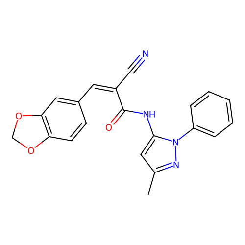 3-(1,3-benzodioxol-5-yl)-2-cyano-N-(5-methyl-2-phenylpyrazol-3-yl)prop-2-enamide structure