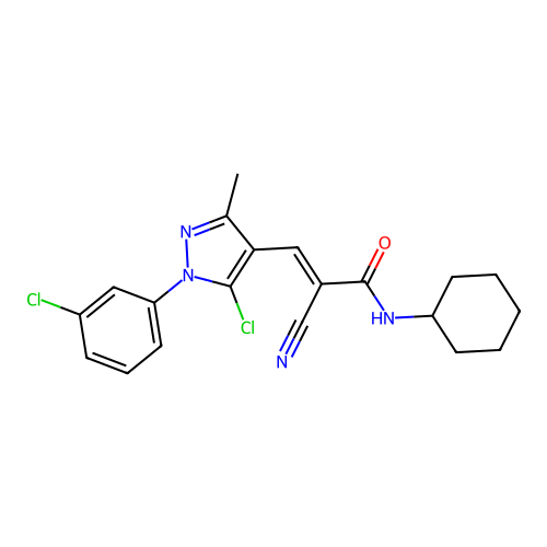 (E)-3-[5-chloro-1-(3-chlorophenyl)-3-methylpyrazol-4-yl]-2-cyano-N-cyclohexylprop-2-enamide structure