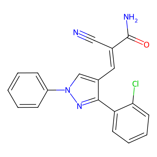 3-[3-(2-chlorophenyl)-1-phenyl-1H-pyrazol-4-yl]-2-cyanoprop-2-enamide structure
