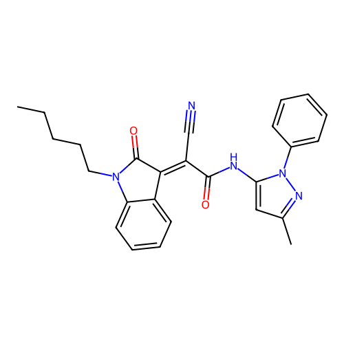 2-cyano-N-(5-methyl-2-phenylpyrazol-3-yl)-2-(2-oxo-1-pentylindol-3-ylidene)acetamide structure