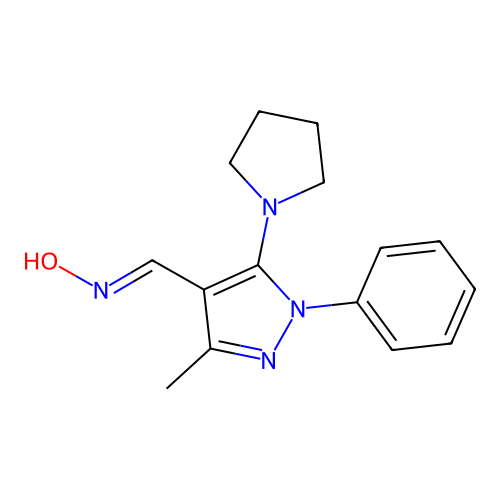 N-[(3-methyl-1-phenyl-5-pyrrolidin-1-ylpyrazol-4-yl)methylidene]hydroxylamine structure