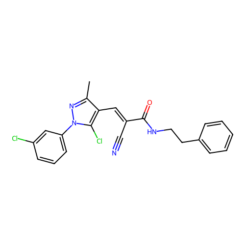 (E)-3-[5-chloro-1-(3-chlorophenyl)-3-methylpyrazol-4-yl]-2-cyano-N-(2-phenylethyl)prop-2-enamide structure