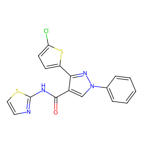 3-(5-chlorothiophen-2-yl)-1-phenyl-N-(1,3-thiazol-2-yl)pyrazole-4-carboxamide structure