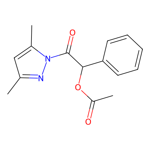 2-(3,5-dimethyl-1H-pyrazol-1-yl)-2-oxo-1-phenylethyl acetate structure