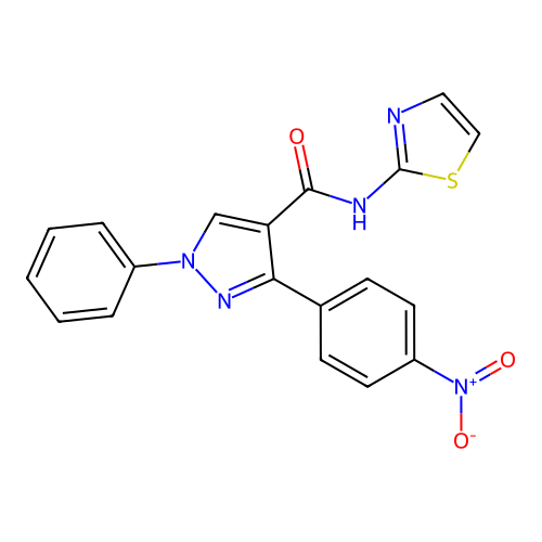 3-(4-nitrophenyl)-1-phenyl-N-(thiazol-2-yl)-1H-pyrazole-4-carboxamide structure
