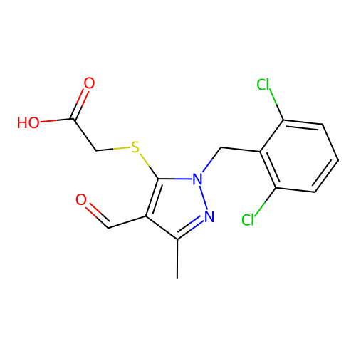 2-({1-[(2,6-dichlorophenyl)methyl]-4-formyl-3-methyl-1H-pyrazol-5-yl}sulfanyl)acetic acid structure