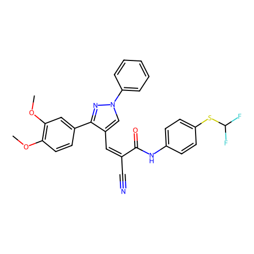 (Z)-2-Cyano-N-[4-(difluoromethylsulfanyl)phenyl]-3-[3-(3,4-dimethoxyphenyl)-1-phenylpyrazol-4-yl]prop-2-enamide structure