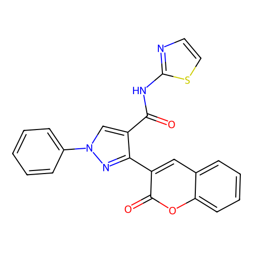 3-(2-oxochromen-3-yl)-1-phenyl-N-(1,3-thiazol-2-yl)pyrazole-4-carboxamide structure