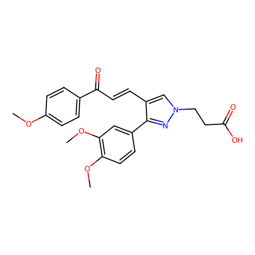 3-[3-(3,4-dimethoxyphenyl)-4-[(1Z)-3-(4-methoxyphenyl)-3-oxoprop-1-en-1-yl]-1H-pyrazol-1-yl]propanoic acid structure