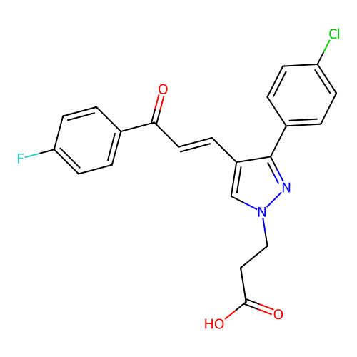 3-[3-(4-chlorophenyl)-4-[(1Z)-3-(4-fluorophenyl)-3-oxoprop-1-en-1-yl]-1H-pyrazol-1-yl]propanoic acid structure