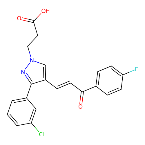 3-[3-(3-chlorophenyl)-4-[(1Z)-3-(4-fluorophenyl)-3-oxoprop-1-en-1-yl]-1H-pyrazol-1-yl]propanoic acid structure