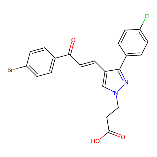 3-[4-[3-(4-bromophenyl)-3-oxo-prop-1-enyl]-3-(4-chlorophenyl)pyrazol-1-yl]propanoic Acid structure