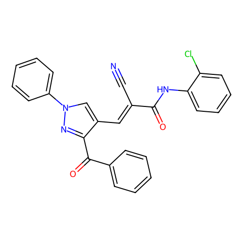 3-(3-benzoyl-1-phenyl-1H-pyrazol-4-yl)-N-(2-chlorophenyl)-2-cyanoprop-2-enamide structure