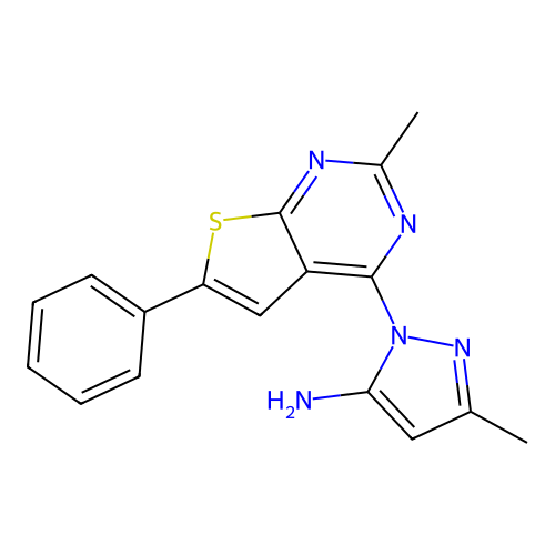 3-methyl-1-{2-methyl-6-phenylthieno[2,3-d]pyrimidin-4-yl}-1H-pyrazol-5-amine structure