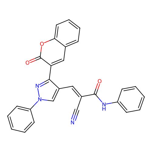 (E)-2-cyano-3-[3-(2-oxochromen-3-yl)-1-phenylpyrazol-4-yl]-N-phenylprop-2-enamide structure