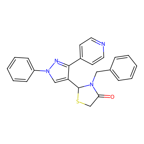 3-benzyl-2-(1-phenyl-3-(pyridin-4-yl)-1H-pyrazol-4-yl)thiazolidin-4-one structure
