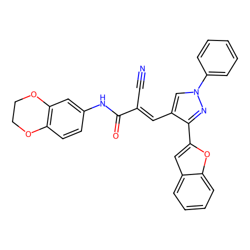 (E)-3-[3-(1-benzofuran-2-yl)-1-phenylpyrazol-4-yl]-2-cyano-N-(2,3-dihydro-1,4-benzodioxin-6-yl)prop-2-enamide structure