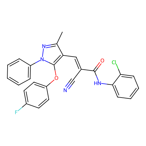 (E)-N-(2-chlorophenyl)-2-cyano-3-[5-(4-fluorophenoxy)-3-methyl-1-phenylpyrazol-4-yl]prop-2-enamide structure