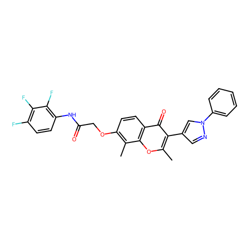 2-[[2,8-Dimethyl-4-oxo-3-(1-phenyl-1H-pyrazol-4-yl)-4H-1-benzopyran-7-yl]oxy]-N-(2,3,4-trifluorophenyl)acetamide structure