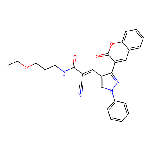 (E)-2-cyano-N-(3-ethoxypropyl)-3-[3-(2-oxochromen-3-yl)-1-phenylpyrazol-4-yl]prop-2-enamide structure