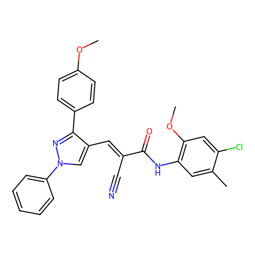 (E)-N-(4-chloro-2-methoxy-5-methylphenyl)-2-cyano-3-[3-(4-methoxyphenyl)-1-phenylpyrazol-4-yl]prop-2-enamide structure