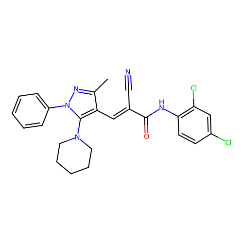 2-cyano-N-(2,4-dichlorophenyl)-3-[3-methyl-1-phenyl-5-(piperidin-1-yl)-1H-pyrazol-4-yl]prop-2-enamide structure