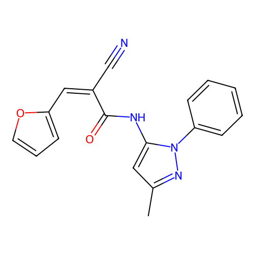 (Z)-2-Cyano-3-(furan-2-yl)-N-(5-methyl-2-phenylpyrazol-3-yl)prop-2-enamide structure