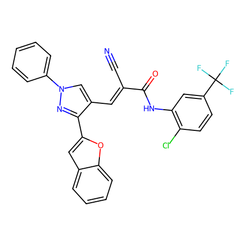 3-[3-(1-benzofuran-2-yl)-1-phenyl-1H-pyrazol-4-yl]-N-[2-chloro-5-(trifluoromethyl)phenyl]-2-cyanoprop-2-enamide structure
