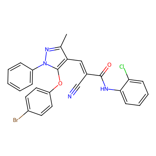 (E)-3-[5-(4-bromophenoxy)-3-methyl-1-phenylpyrazol-4-yl]-N-(2-chlorophenyl)-2-cyanoprop-2-enamide structure