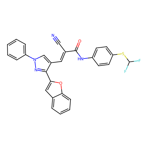 (E)-3-[3-(1-benzofuran-2-yl)-1-phenylpyrazol-4-yl]-2-cyano-N-[4-(difluoromethylsulfanyl)phenyl]prop-2-enamide structure