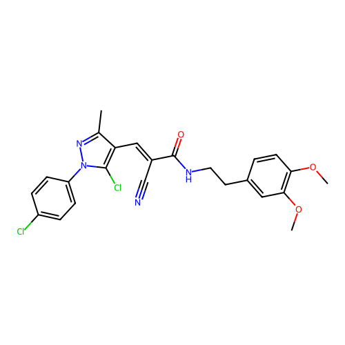 (E)-3-[5-chloro-1-(4-chlorophenyl)-3-methylpyrazol-4-yl]-2-cyano-N-[2-(3,4-dimethoxyphenyl)ethyl]prop-2-enamide structure
