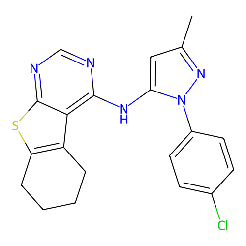 N-(1-(4-chlorophenyl)-3-methyl-1H-pyrazol-5-yl)-5,6,7,8-tetrahydrobenzo[4,5]thieno[2,3-d]pyrimidin-4-amine structure