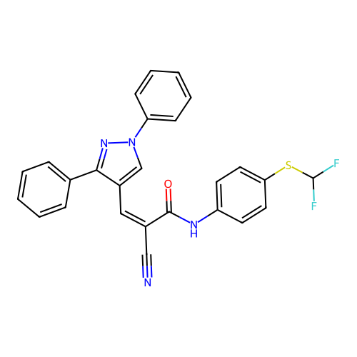 (Z)-2-Cyano-N-[4-(difluoromethylsulfanyl)phenyl]-3-(1,3-diphenylpyrazol-4-yl)prop-2-enamide structure