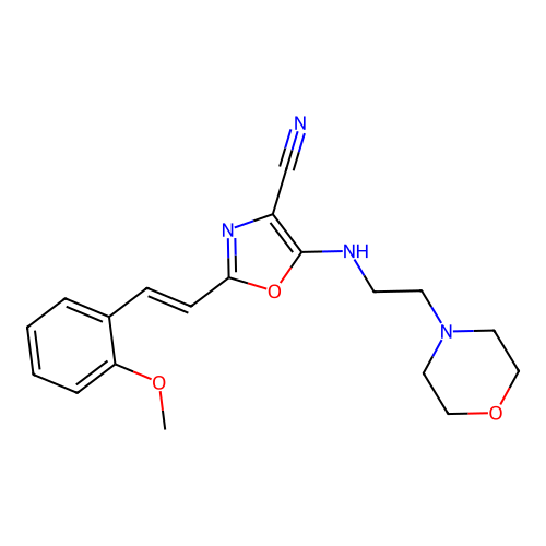 2-[(E)-2-(2-methoxyphenyl)ethenyl]-5-(2-morpholin-4-ylethylamino)-1,3-oxazole-4-carbonitrile structure