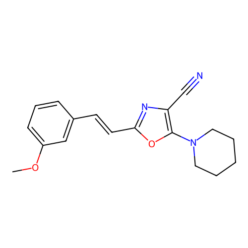 2-[(E)-2-(3-methoxyphenyl)ethenyl]-5-piperidin-1-yl-1,3-oxazole-4-carbonitrile structure
