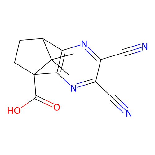 2,3-dicyano-9,9-dimethyl-7,8-dihydro-5,8-methanoquinoxaline-5(6H)-carboxylic acid structure