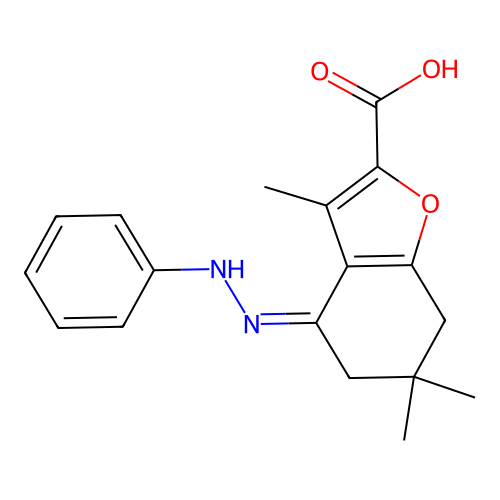 (4Z)-3,6,6-trimethyl-4-(phenylhydrazinylidene)-5,7-dihydro-1-benzofuran-2-carboxylic acid structure