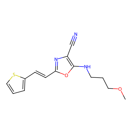 5-(3-methoxypropylamino)-2-[(E)-2-thiophen-2-ylethenyl]-1,3-oxazole-4-carbonitrile structure