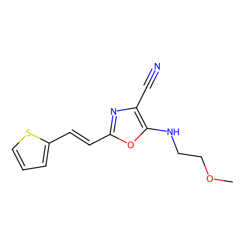 5-(2-methoxyethylamino)-2-[(E)-2-thiophen-2-ylethenyl]-1,3-oxazole-4-carbonitrile structure