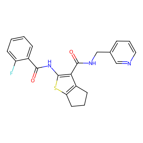 2-{[(2-fluorophenyl)carbonyl]amino}-N-(pyridin-3-ylmethyl)-5,6-dihydro-4H-cyclopenta[b]thiophene-3-carboxamide structure