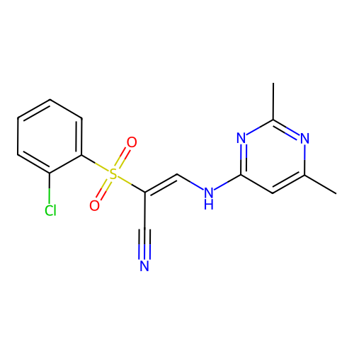 2-((2-Chlorophenyl)sulfonyl)-3-((2,6-dimethylpyrimidin-4-yl)amino)acrylonitrile structure