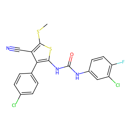 N-(3-chloro-4-fluorophenyl)-N'-[3-(4-chlorophenyl)-4-cyano-5-(methylthio)-2-thienyl]urea structure