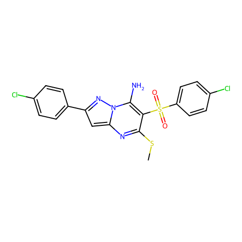 2-(4-chlorophenyl)-6-(4-chlorophenyl)sulfonyl-5-methylsulfanylpyrazolo[1,5-a]pyrimidin-7-amine structure
