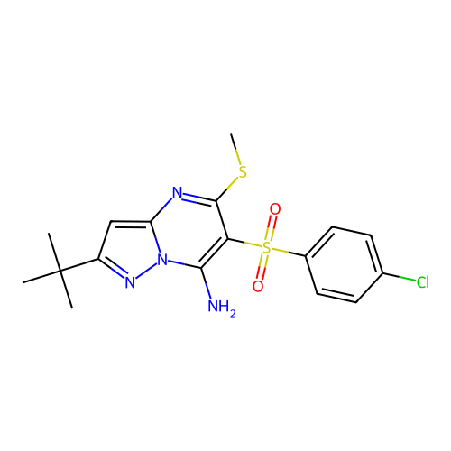 2-(tert-butyl)-6-[(4-chlorophenyl)sulfonyl]-5-(methylthio)pyrazolo[1,5-a]pyrimidin-7-amine structure